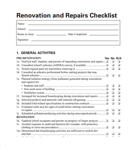 Downloadable Printable Home Renovation Checklist Template